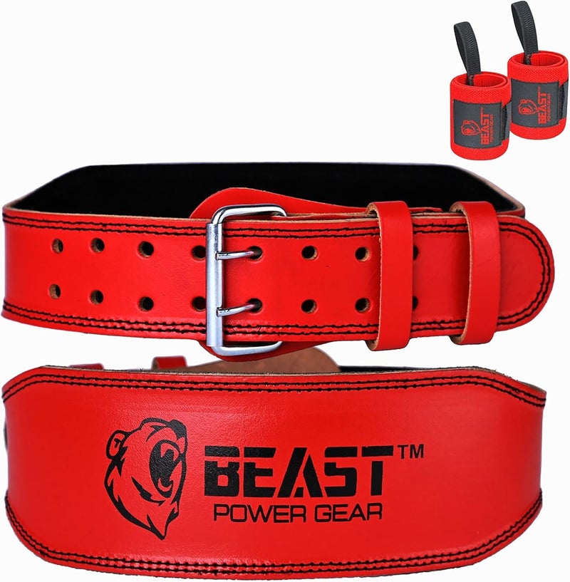 Beast Power Gear حزام رفع الأثقال - حزام جلد طبيعي 4 بوصات مع دعم مبطن للظهر السفلي لتمارين كمال الأجسام والقرفصاء ورفع الأثقال وتدريب القوة للرجال والنساء مع لفات معصم مجانية - Image 1